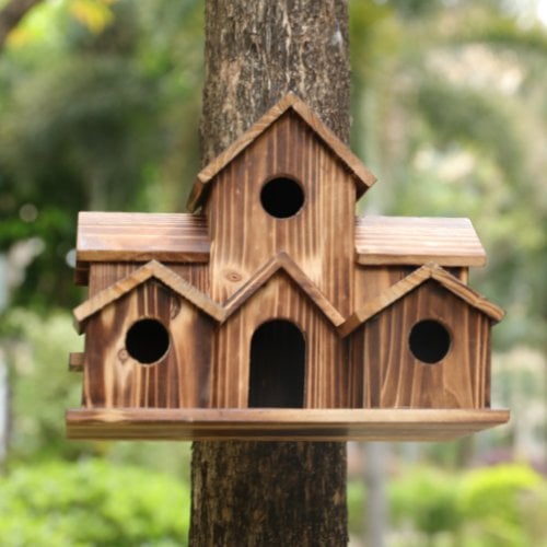 Handgefertigtes Vogelhaus Holz | 6 Eingänge | Jute-Aufhängung | Nestholm