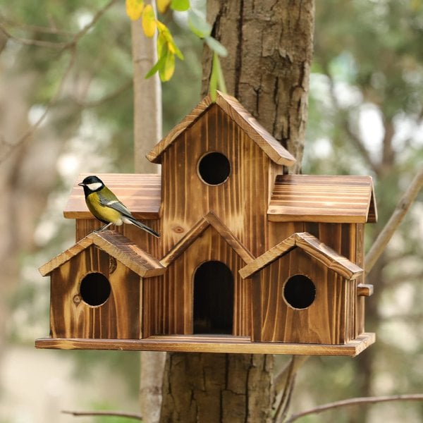Handgefertigtes Vogelhaus Holz | 6 Eingänge | Jute-Aufhängung | Nestholm