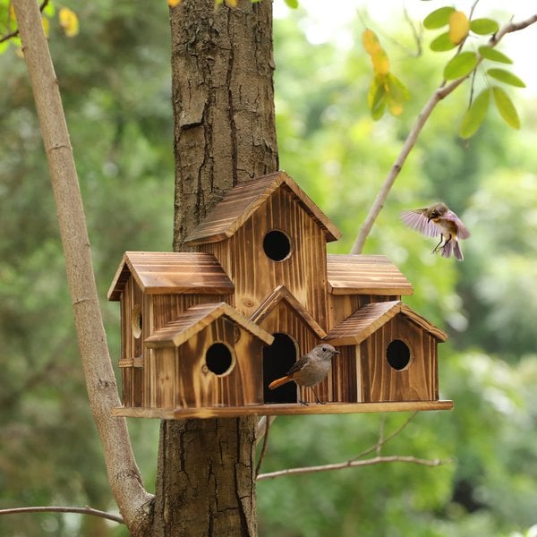 Handgefertigtes Vogelhaus Holz | 6 Eingänge | Jute-Aufhängung | Nestholm