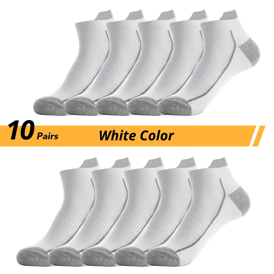 10 Paar weiße Sportsocken, atmungsaktiv, knöchelhoch, graue Ferse und Zehen.