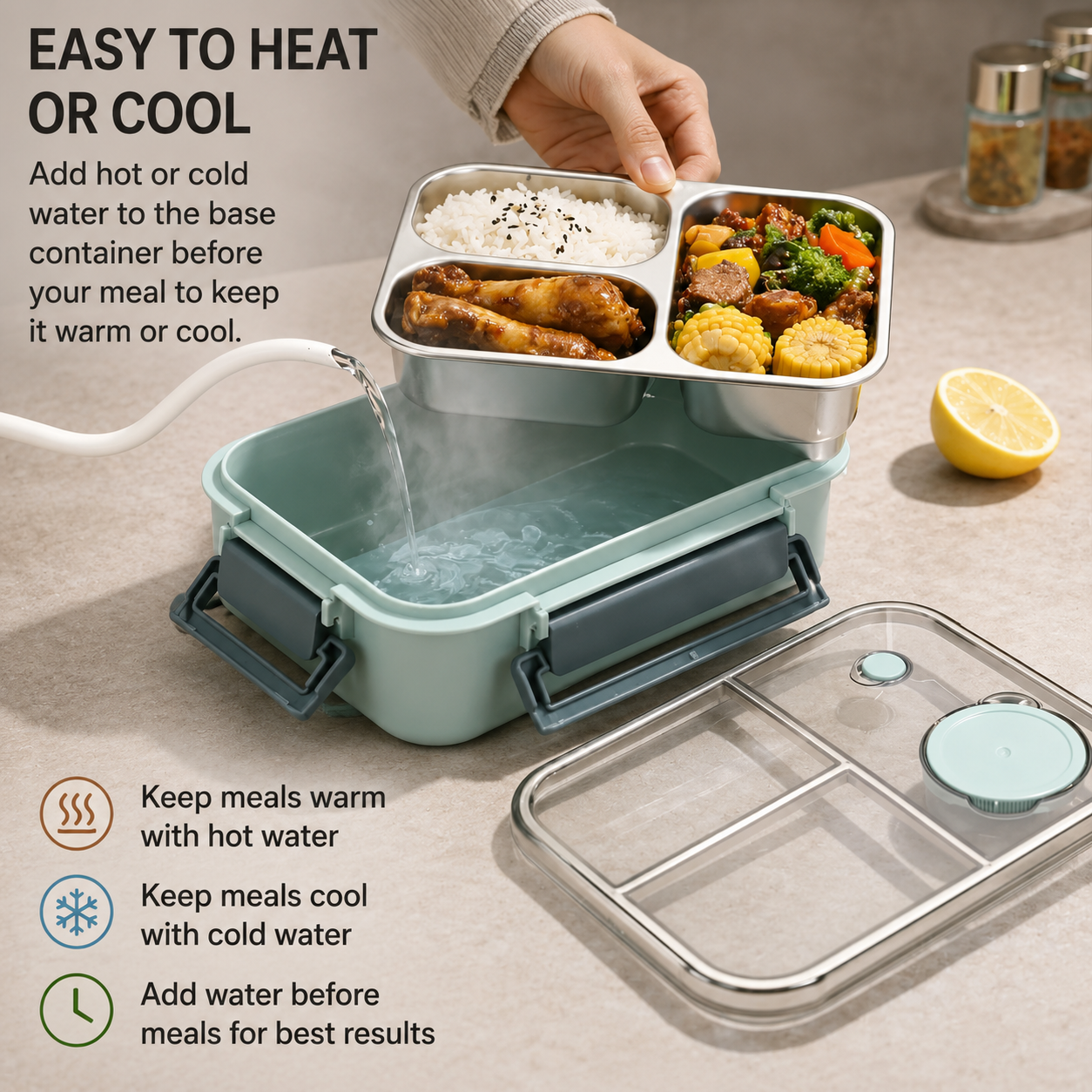Thermobehälter für Essen | Mehrfach-Fächer Edelstahl | Auslaufsicherer Klickverschluss | Warmpack