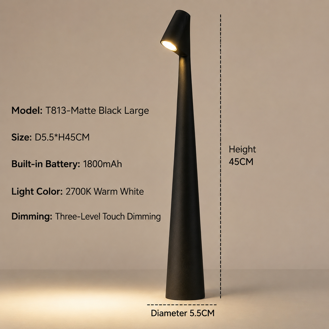 Tischlampe | Kabellose Designer LED | 3-Stufen Touch-Dimmung | Sydney