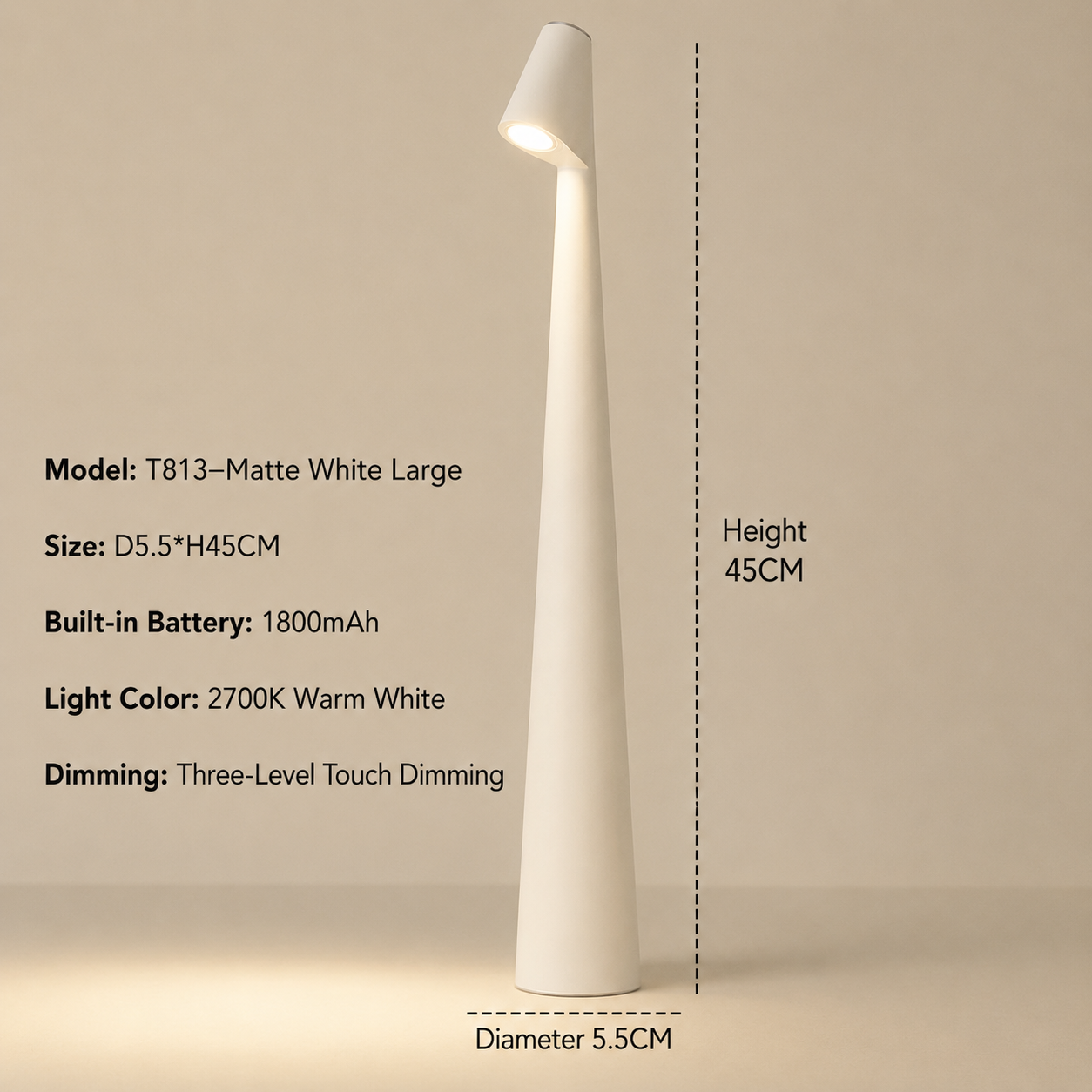 Tischlampe | Kabellose Designer LED | 3-Stufen Touch-Dimmung | Sydney