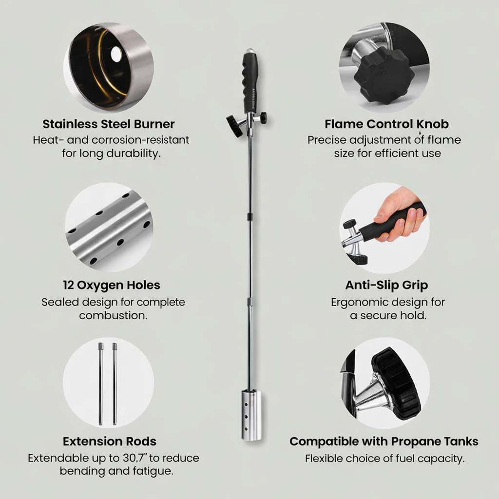 Unkrautbrenner | Chemiefreie Unkrautbekämpfung | Einstellbarer Flammenstab | Flammix