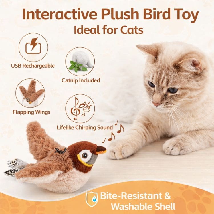 Interaktives Katzenspielzeug mit Vogelgeräuschen | USB-Aufladbar per Touch-Sensor | Fördert Jagdinstinkt und Bewegungsdrang 6