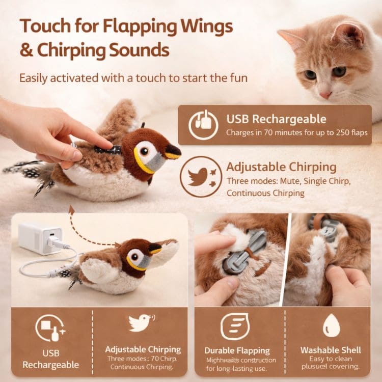 Interaktives Katzenspielzeug mit Vogelgeräuschen | USB-Aufladbar per Touch-Sensor | Fördert Jagdinstinkt und Bewegungsdrang 7