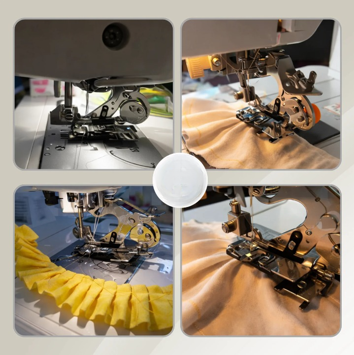 Pied-de-biche réglable | Guidage précis des plis | Espacements réguliers | RuffleCraft