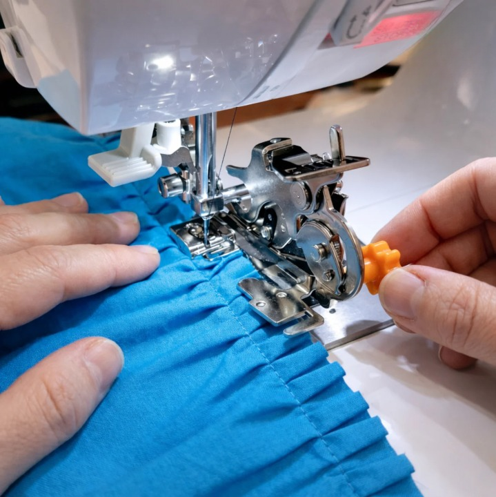 Pied-de-biche réglable | Guidage précis des plis | Espacements réguliers | RuffleCraft