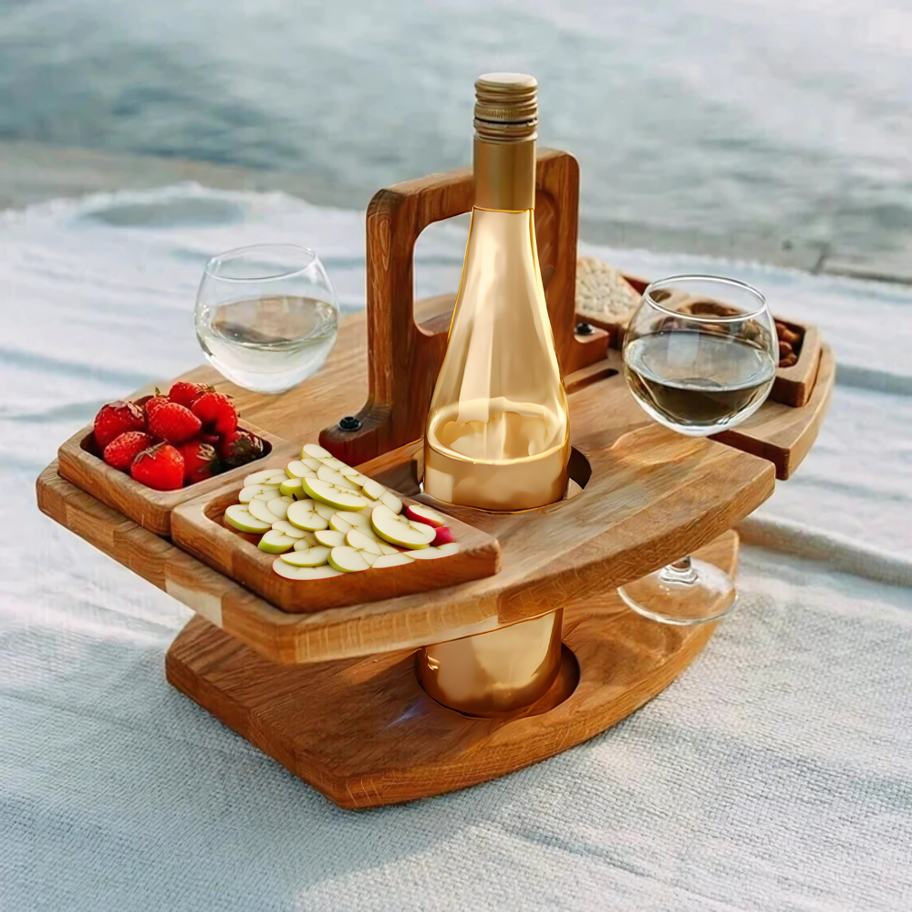 Weintisch Holz klappbar | Snackfächer | Glashalter & Flaschenhalter | Decktable
