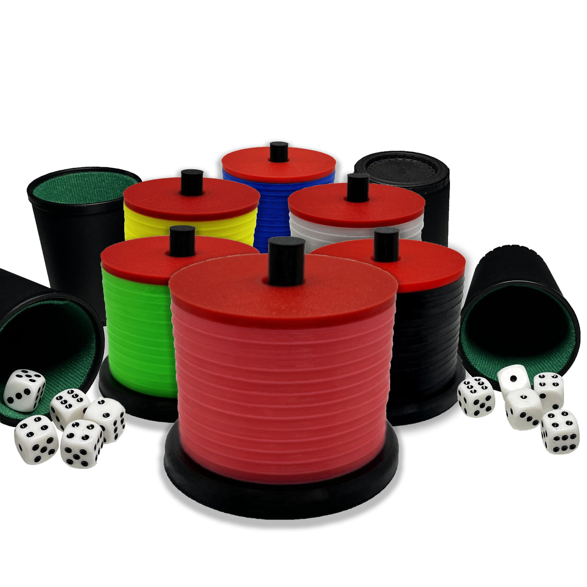 Würfel-Stapelspiel Kunststoff | 6 Farben, optional mit 4x Würfelbecher | Ø 65 mm Fuß, platzsparend & transportabel