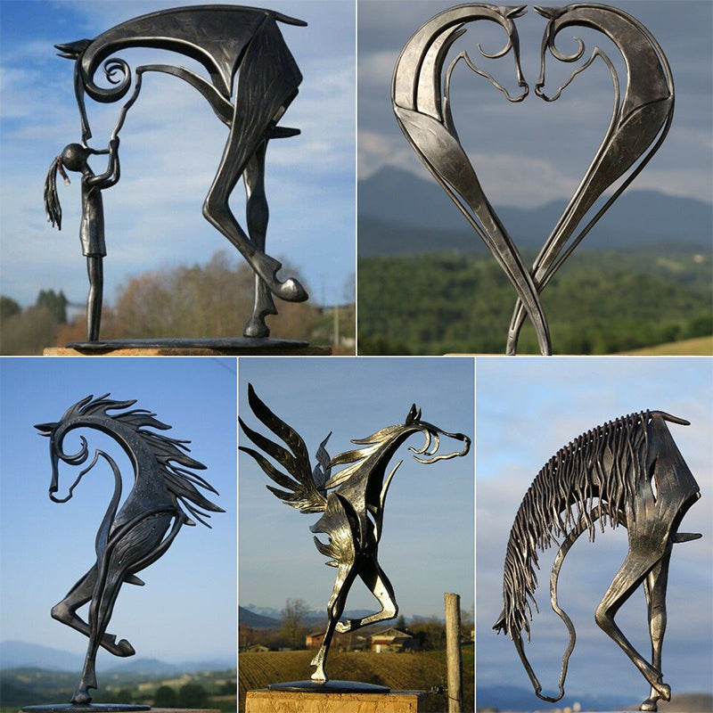 Kovová socha koně | Ručně vyrobená do zahrady | Ochrana proti korozi | Sculpterra