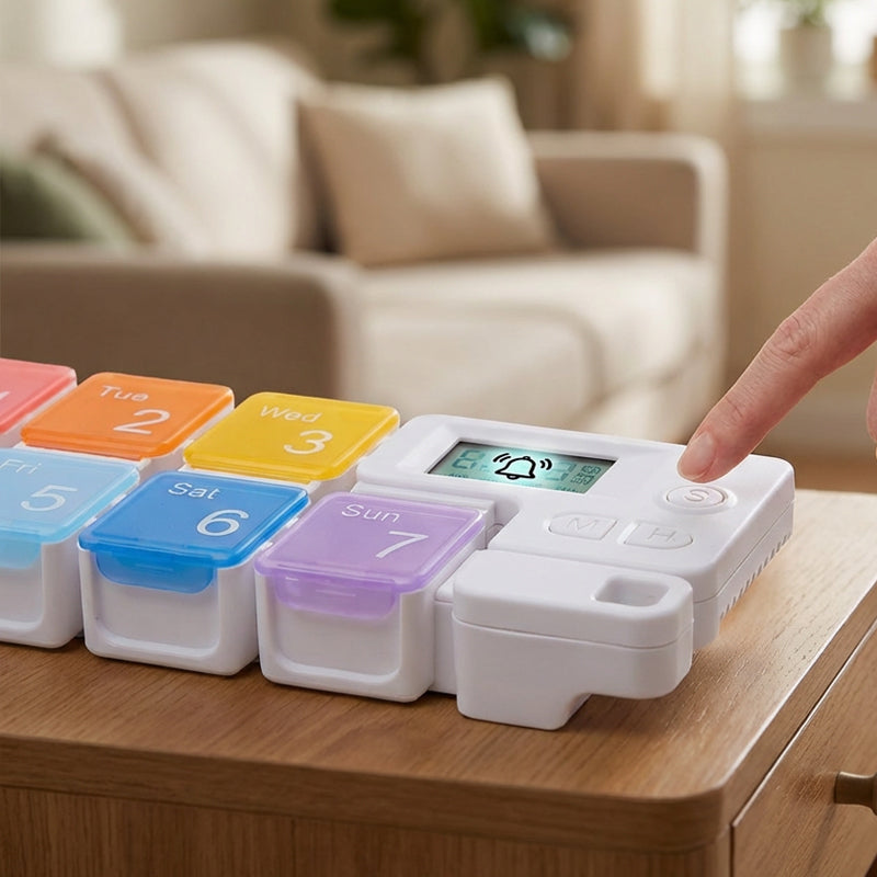 Organizador eletrónico semanal de comprimidos | 4 alarmes | Compartimentos modulares em plástico | MediSort