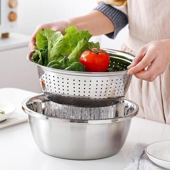 Rührschüssel Set Edelstahl | 3-in-1 mit Reibe und Sieb | Platzsparend Stapelbar, Rostfrei, Ideal für Salate und Gemüse 14