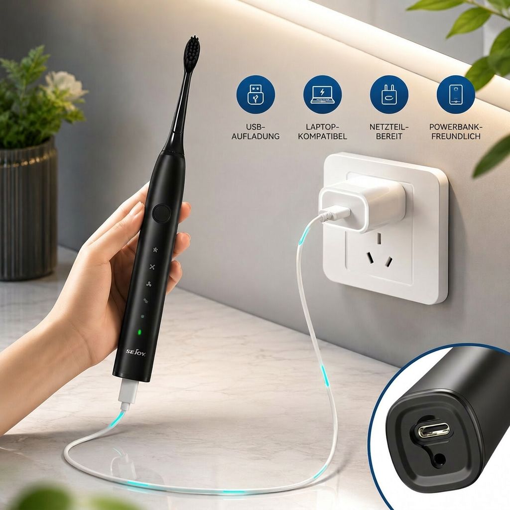 Elektrische Schallzahnbürste | 5 Putzmodi & USB Akku, über 50 Tage Laufzeit | Leise, gründliche Reinigung inkl. 8 Ersatzköpfen 5