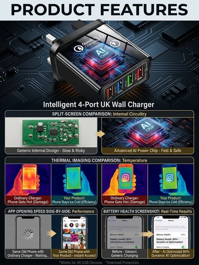 Rejselader med fire porte | 3,1 A pr. USB-port | Kompakt multioplader | PowerPort