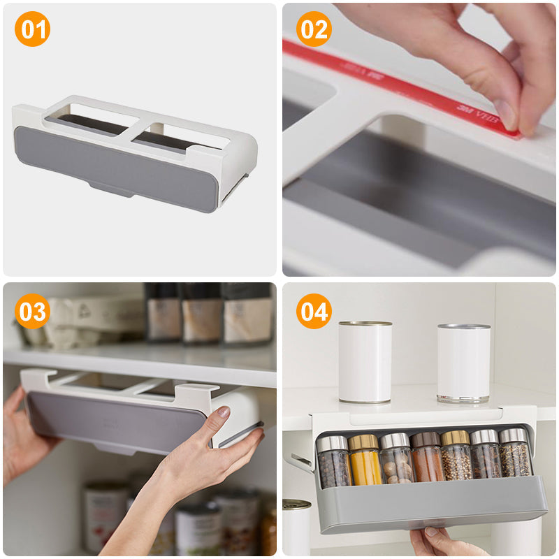 Unterregal-Gewürzorganizer aus Kunststoff | Für bis zu 7 Gewürzgläser inklusive 6 Gläser | Klebemontage ohne Bohren 5