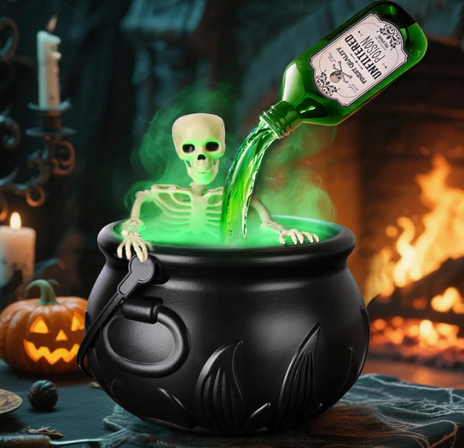 Hexenkessel Halloween Deko | Schwebende Zaubertrankflasche mit Nebeleffekt | USB-Komplettset mit Skelett-Requisiten 8