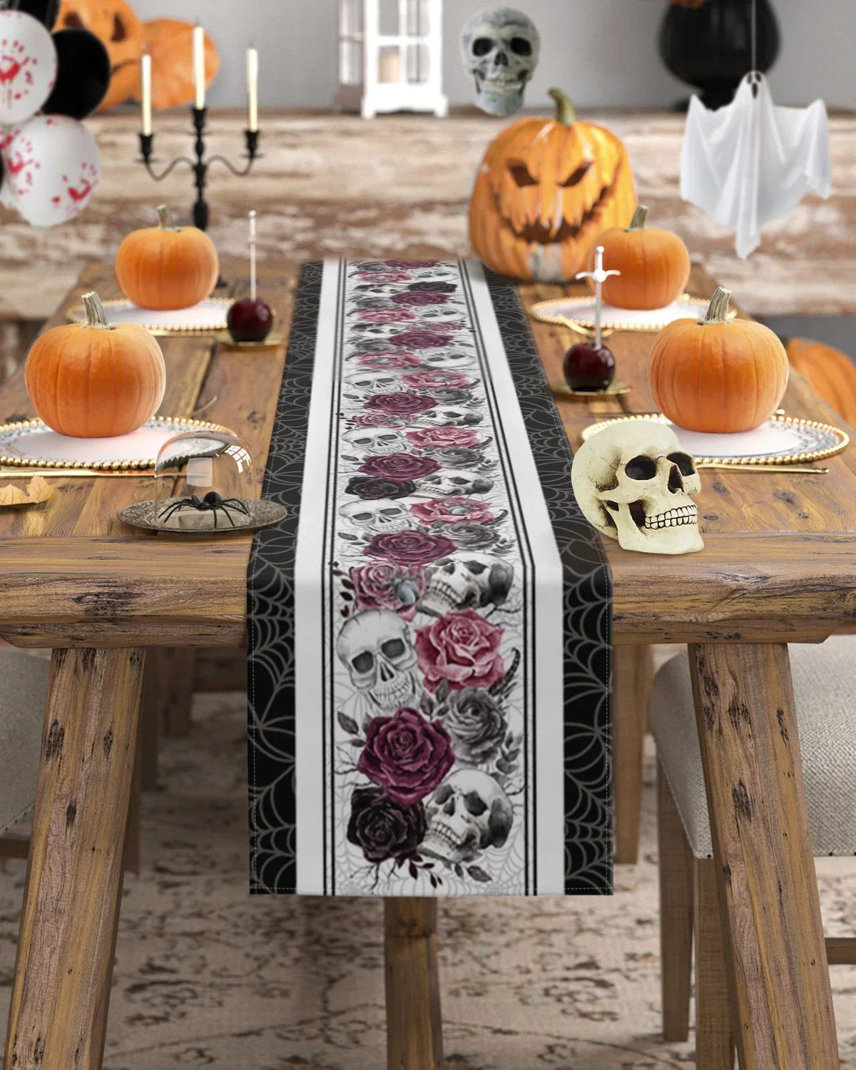 Halloween Tischläufer Totenkopf Rosen Krähen | Gotik Vintage Design | Robuster Leinen-Mischgewebe für Partydeko 3