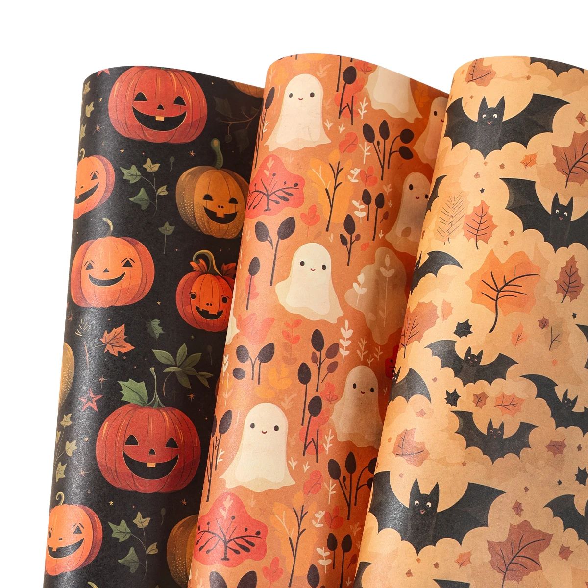 Halloween Geschenkpapier Geister, Kürbisse & Fledermäuse Motiv | 4 Bogen Set | Leichtes Papier zum Verpacken & Basteln 2