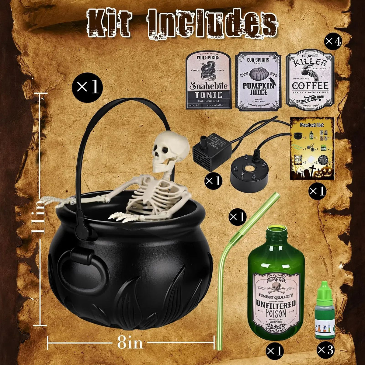 Hexenkessel Nebelmaschine Halloween | LED-Nebeleffekt mit Skelett-Deko | Wiederverwendbares Deko-Highlight für Partys 6