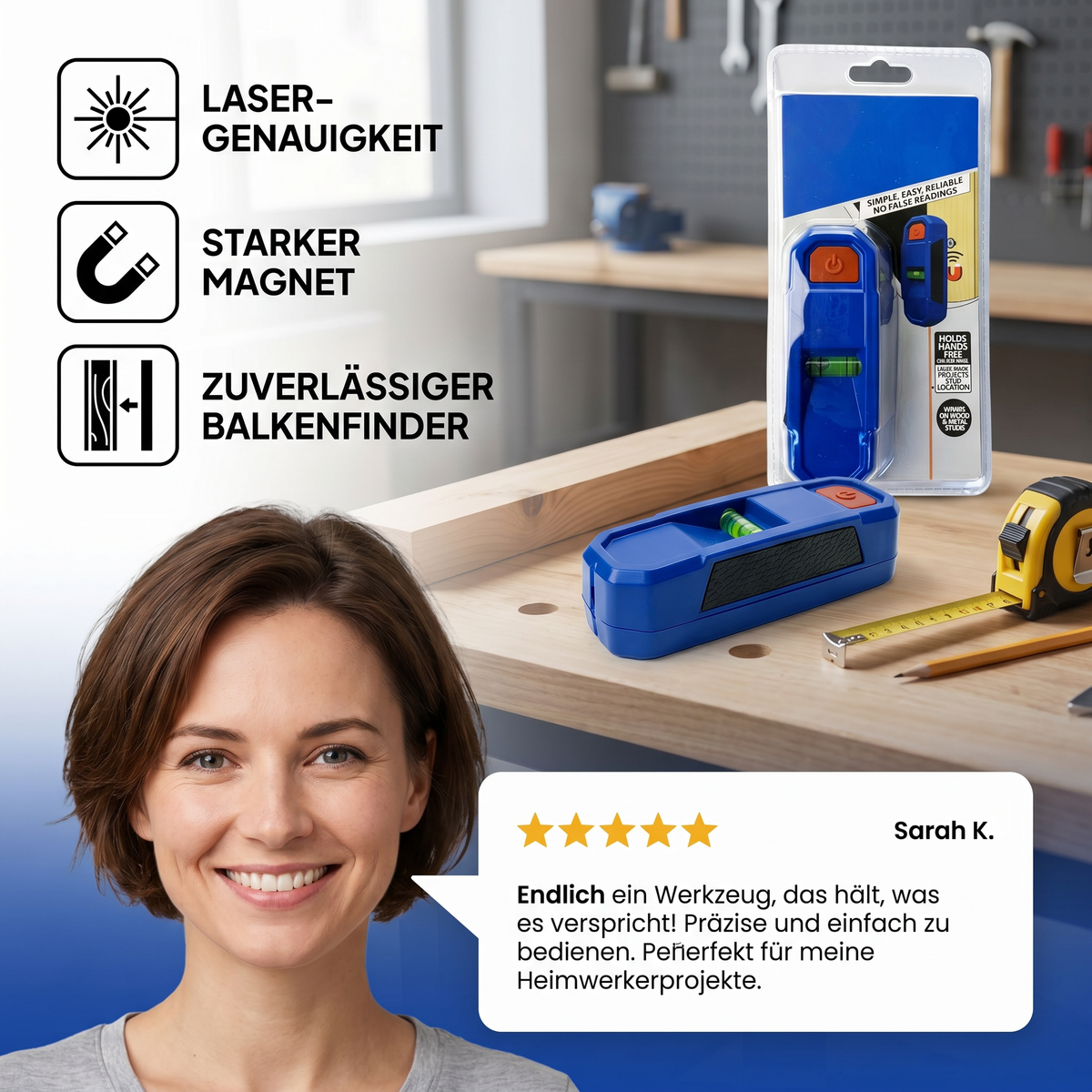 3-in-1 Laserwasserwaage mit Balkensucher | Magnetisch & Kompakt | Präzises Ausrichten, Bohren & Montieren ohne Fehler 2