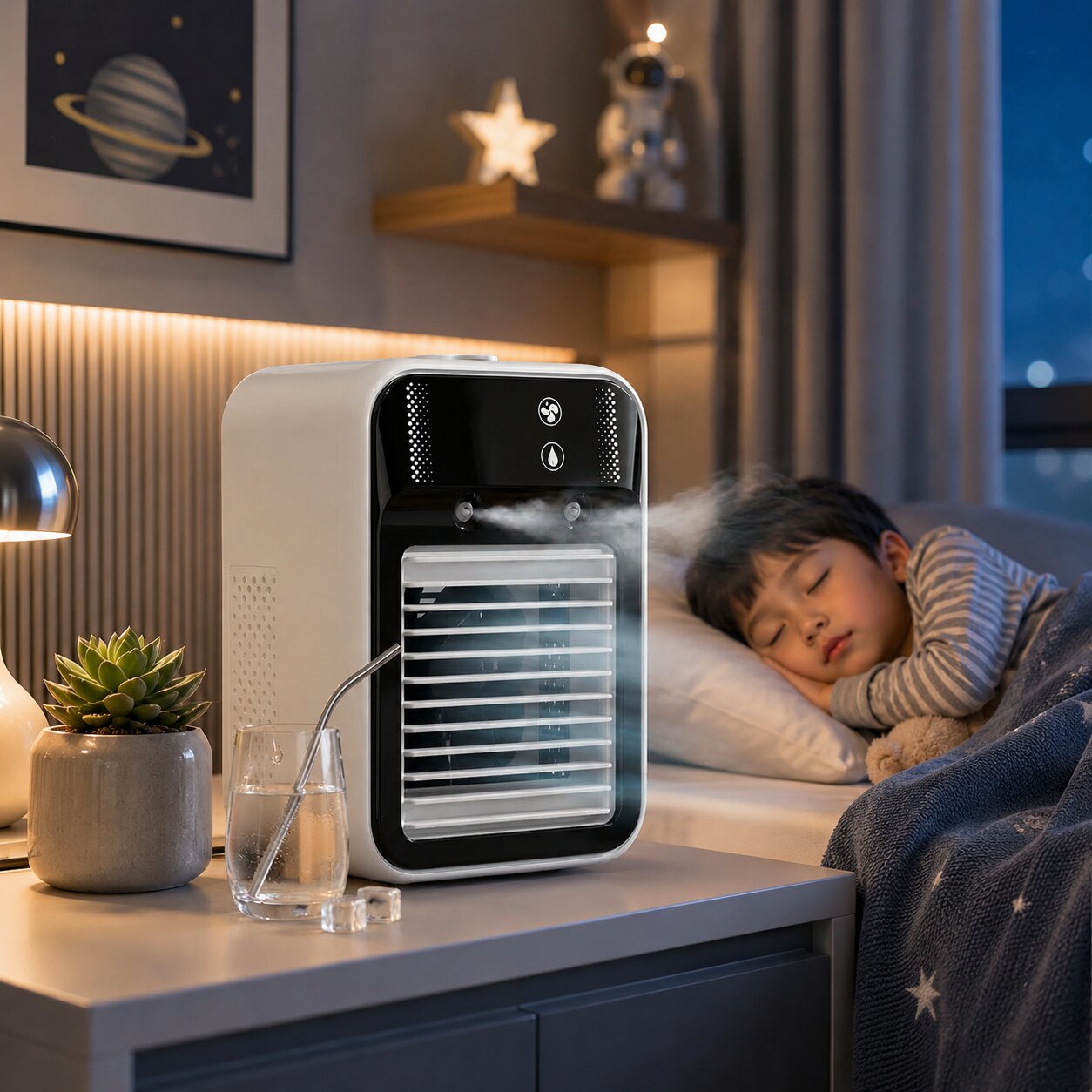 Mobilní ochlazovač vzduchu ventilátor Brisenlux | Sprejová mlha & USB-C | Bezdrátový se 3 rychlostmi větráku | Coolvento