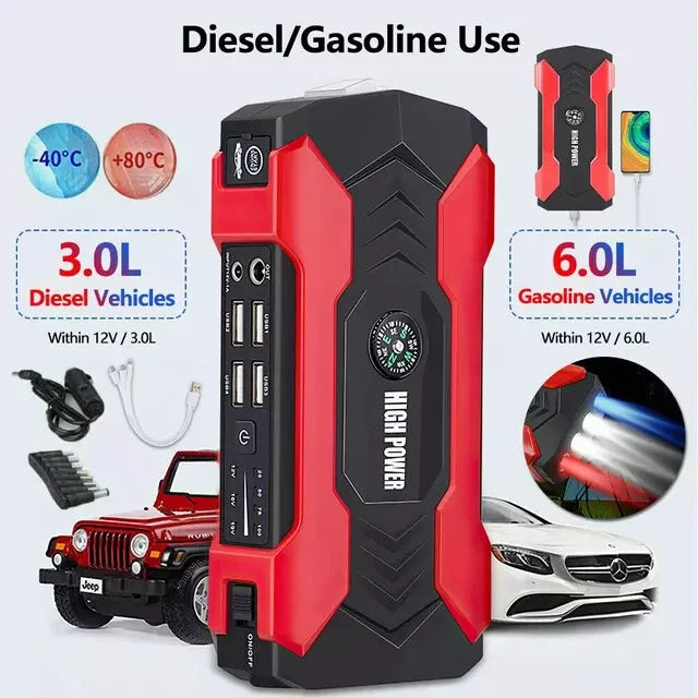 Starthilfegerät Auto 1200A | Powerbank, LED-Taschenlampe & Kompass | 10000mAh Akku mit 9 Schutzfunktionen für 12V-Fahrzeuge 3