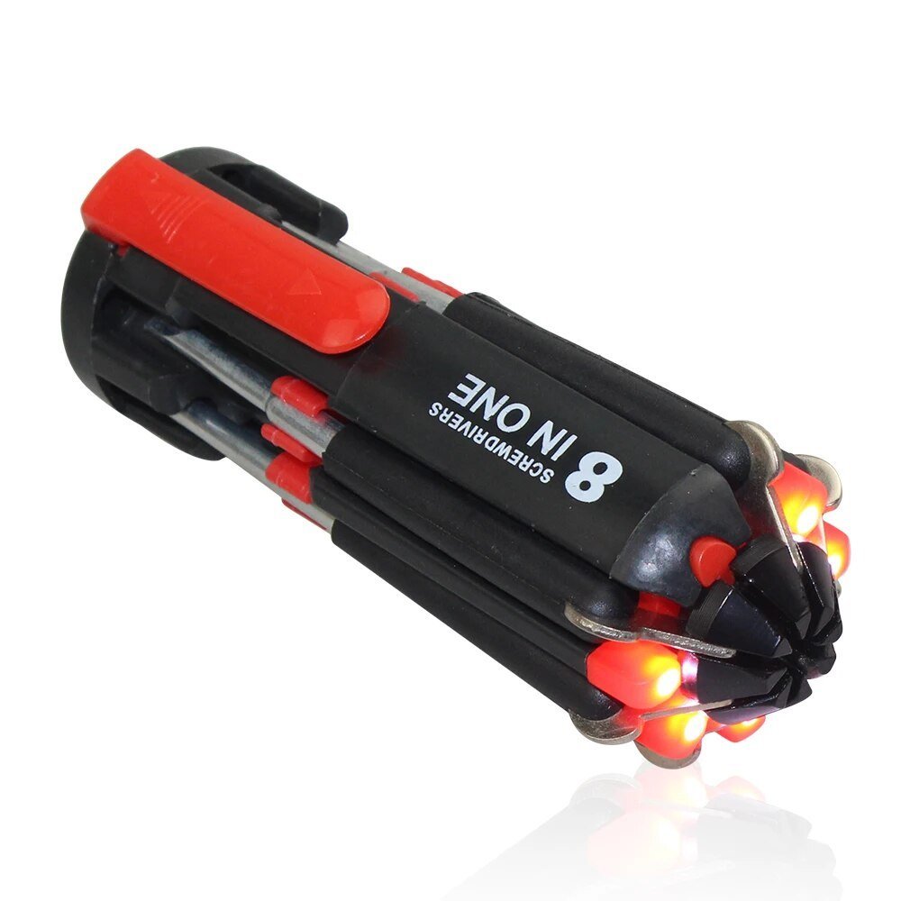 8 in 1 Multitool Schraubendreher Set aus Stahl und Kunststoff | Mit Arbeitslampe und LED-Taschenlampe | Kompakt für jede Reparatur 4