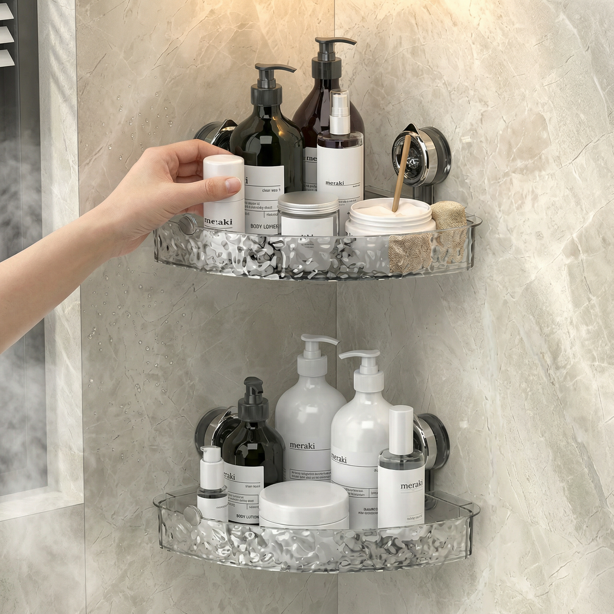 Badezimmer Eck-Regal mit Saugnapf, Wasserfest | Grau oder Transparent, 2 Ebenen | Ohne Bohren, Schnell Trocknend 1