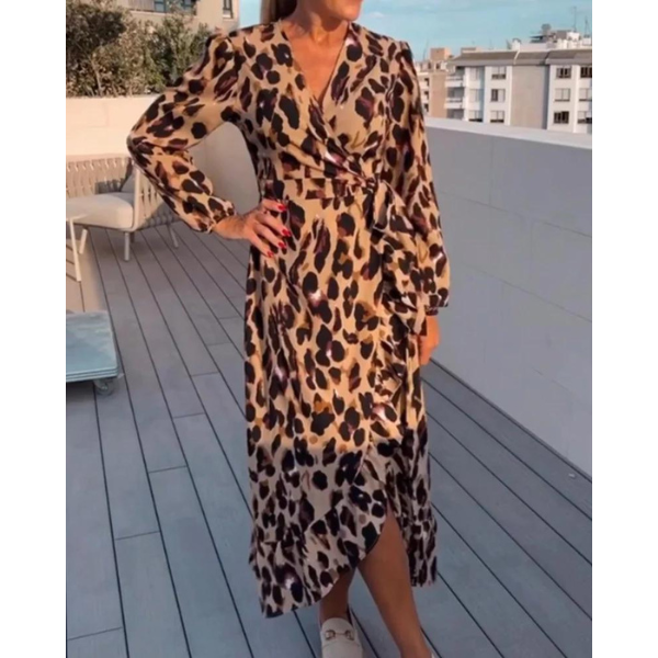 Isabella™ | Langärmeliges Kleid mit V-Ausschnitt und Leopardenmuster