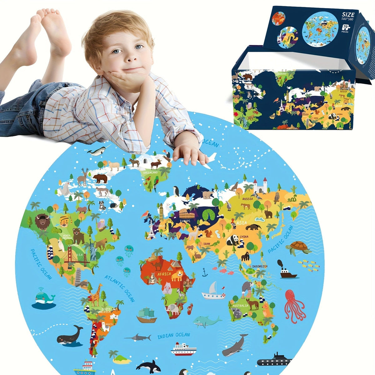 Bodenpuzzle Karton, 580 mm Durchmesser, 70 Teile | Runde Weltkarte mit Tiermotiven | Fördert frühes Lernen ab 3 Jahren 9