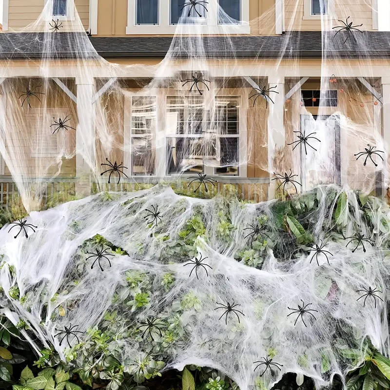 Spinnennetz Halloween Deko | 200 qm Abdeckung mit 9 Fake-Spinnen | Dehnbares Material, Innen und Außen, rückstandsfrei 2