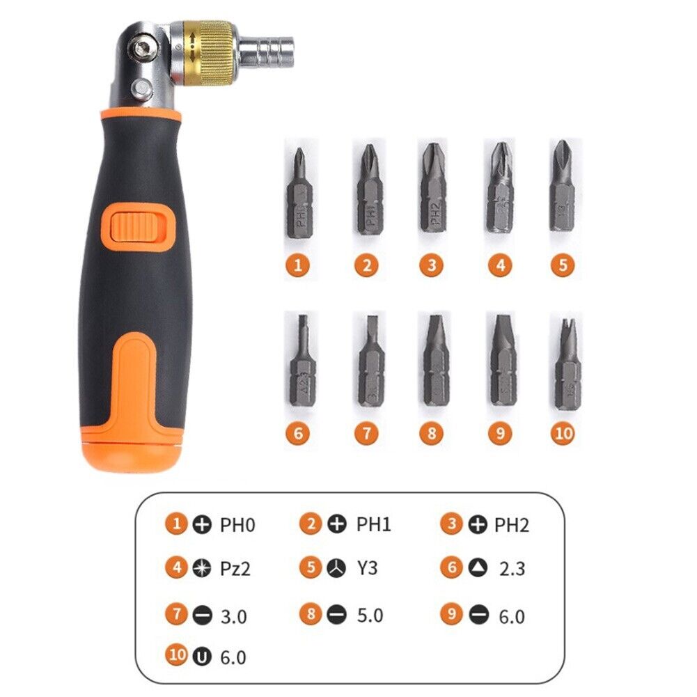 10-in-1 Schraubendreher-Set mit Ratsche | Verstellbarer Winkel 90-180 Grad, PH PZ Y Bits | Rutschfester Griff, kompakt 4