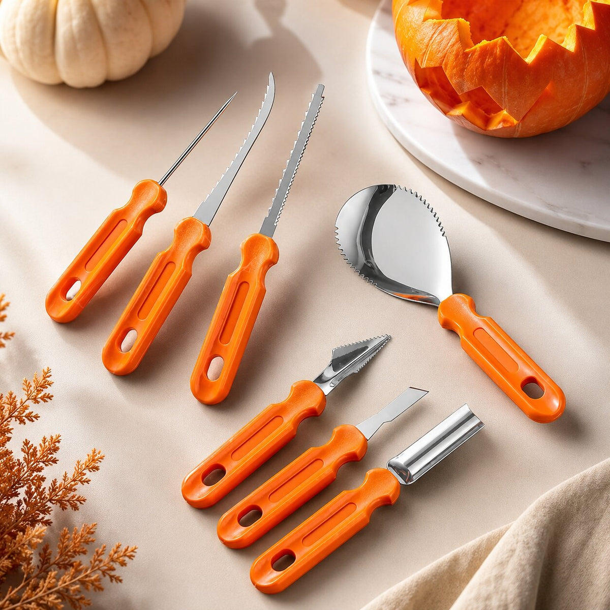 Kürbisschnitzset Halloween | 10-teilig mit Aufbewahrungstasche | Edelstahlklingen für Aushöhlen, Schneiden und Gestalten 3