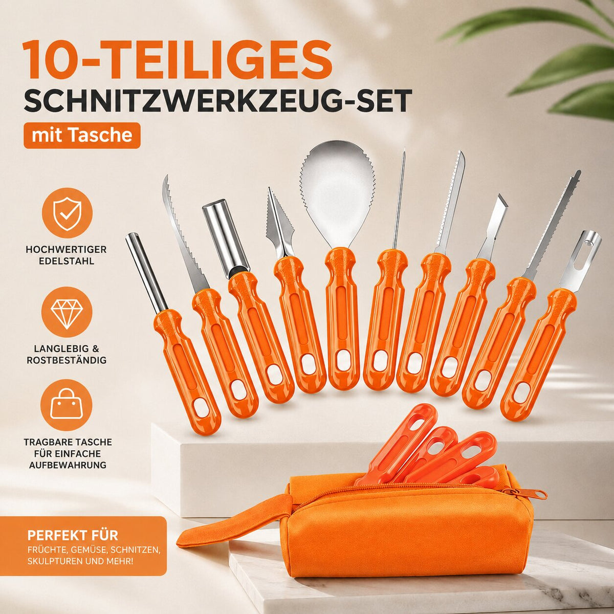 Kürbisschnitzset Halloween | 10-teilig mit Aufbewahrungstasche | Edelstahlklingen für Aushöhlen, Schneiden und Gestalten 2