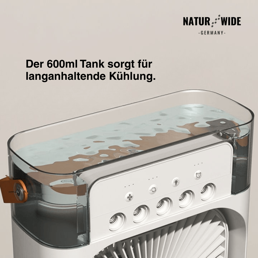 USB Luftkühler-Ventilator | 3-in-1 mit Luftbefeuchter & 7-Farben-LED | 3 Windstufen, 3 Sprühstufen, USB-Betrieb 3