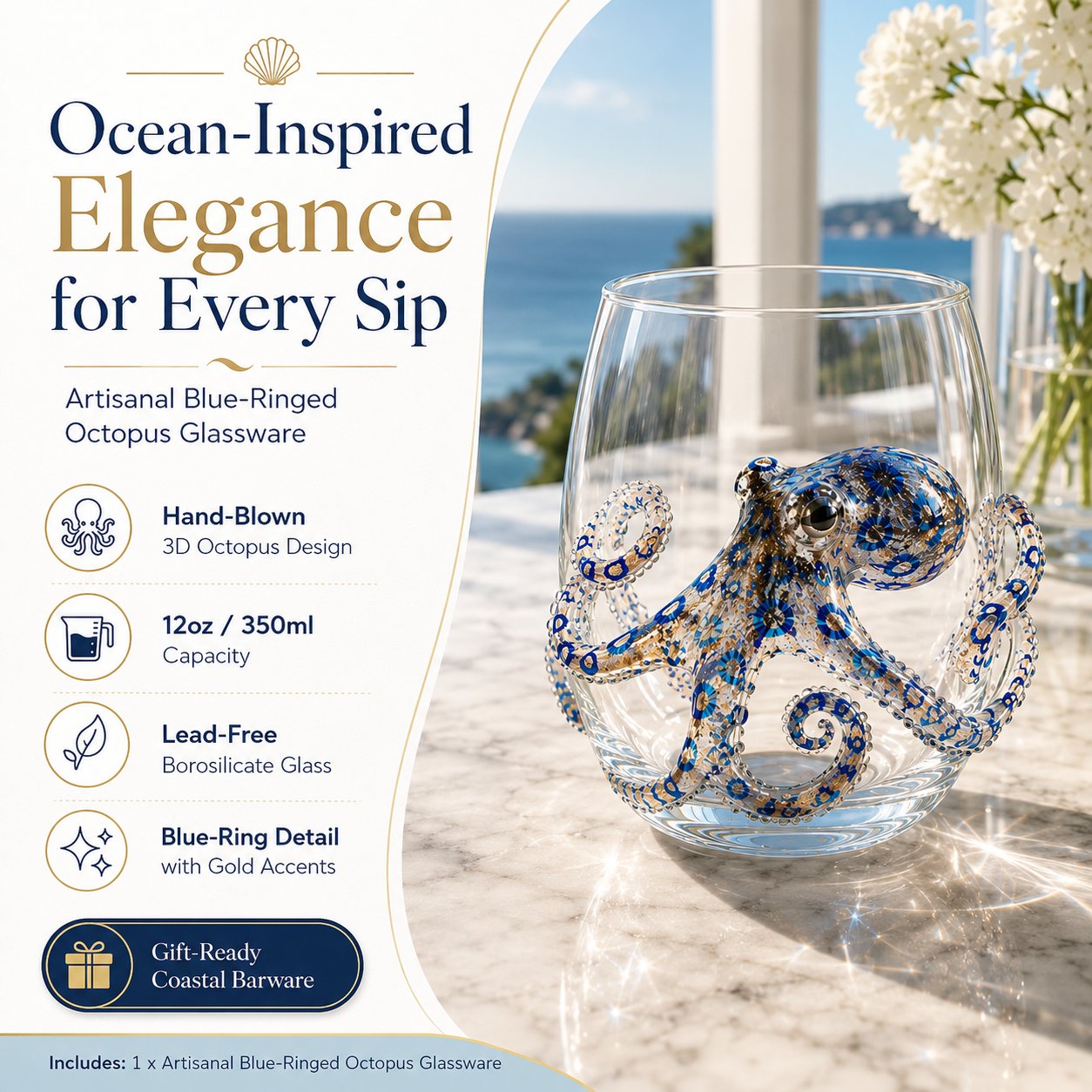 Artisanat animalier océanique en 3D | Verre à boire orné de créatures marines | Élément décoratif maritime | OceanCraft