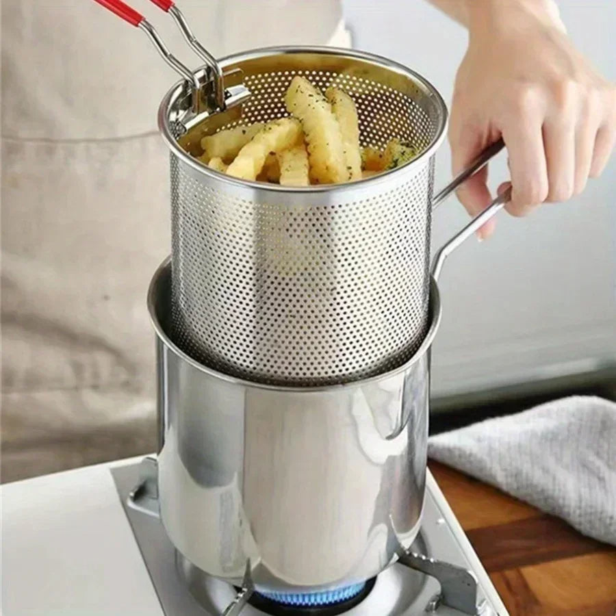 1200ml Fritteuse Edelstahl mit Siebkorb | Für Gas-, Elektro- und Induktionsherd | Kompakt für kleine Küchen und schnelle Snacks 3