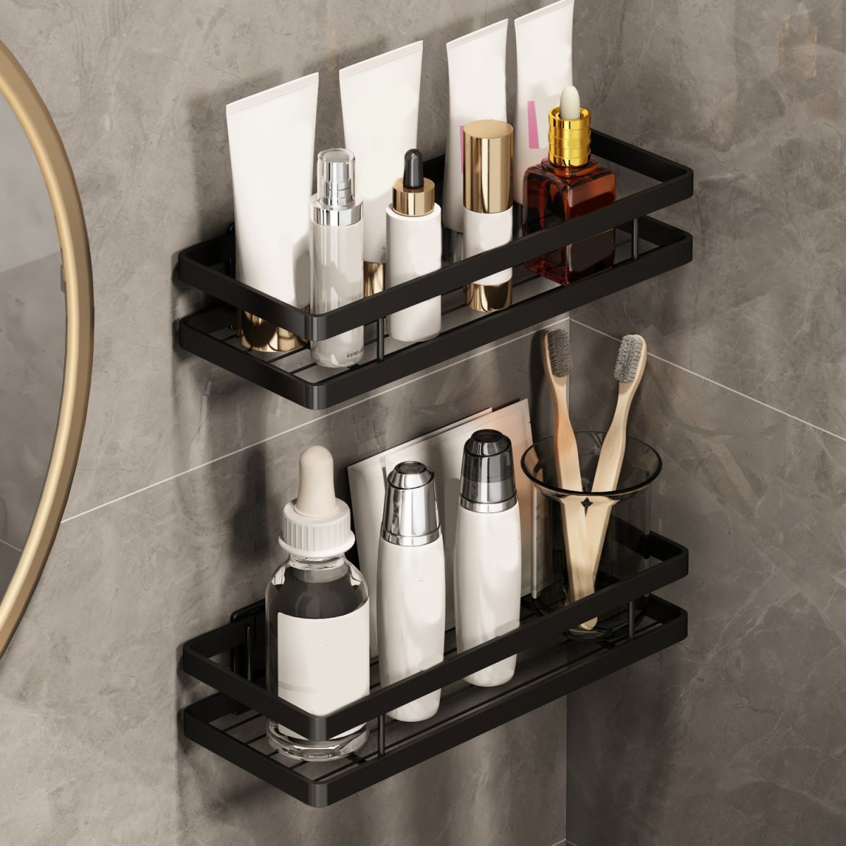 Badezimmerregal Metall 2-teiliges Set | Matte Oberfläche, Rostbeständig | Montagematerial inklusive, Bohren oder Kleben 4
