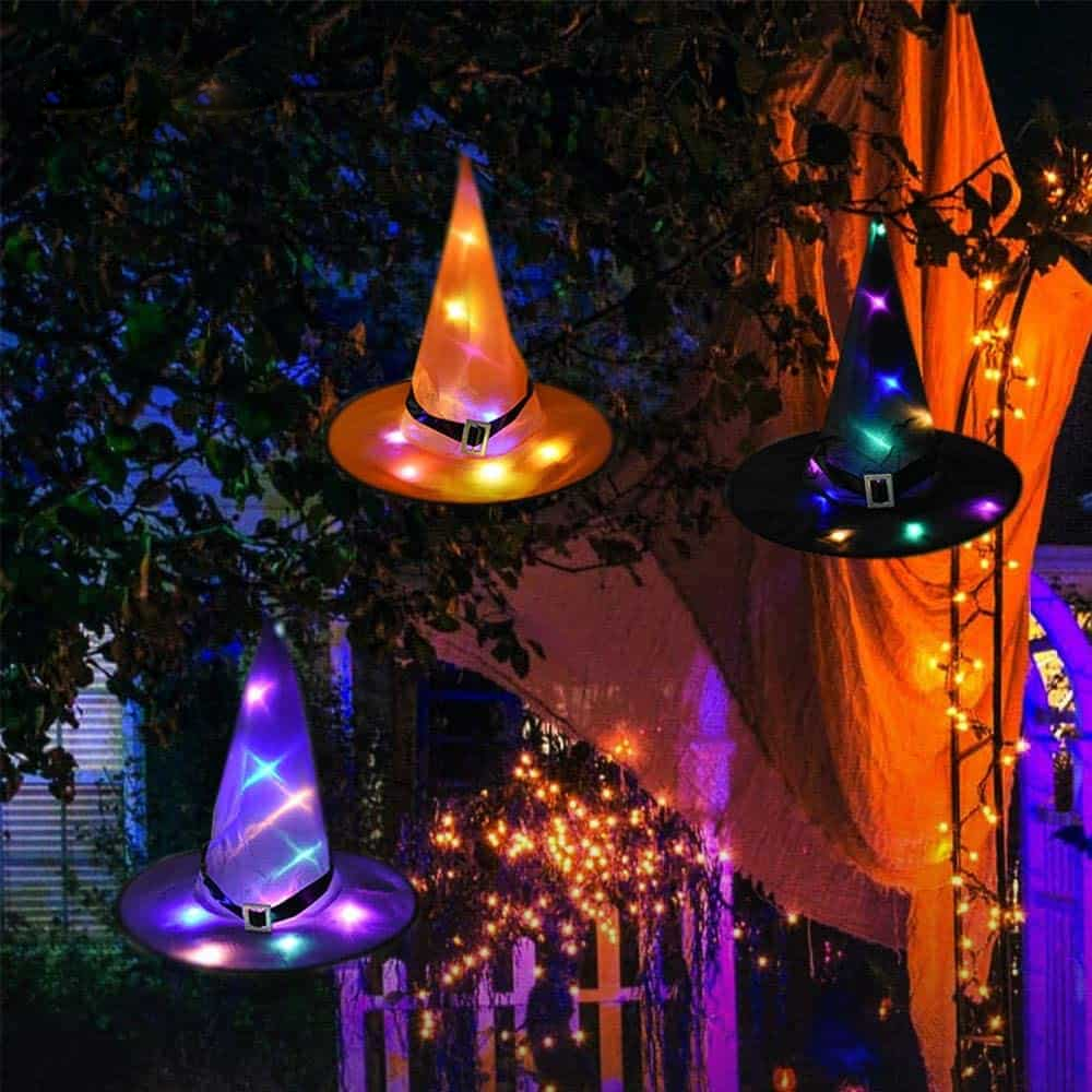 Leuchtender Hexenhut Halloween Deko | Zum Aufhängen für Garten, Terrasse & Eingang | Auch als Kostüm-Accessoire 3