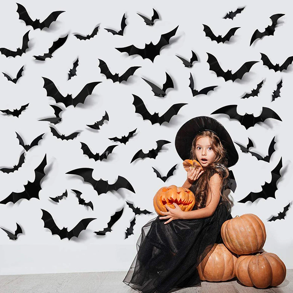 Fledermaus Wandsticker Halloween | 24 Stück, 3D Design | Selbstklebend, DIY Wanddeko ohne Bohren für Gruselpartys und Fensterdeko 1