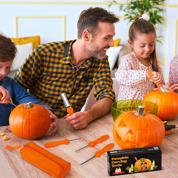 Kürbis Schnitzset Halloween | 9 Werkzeuge mit Sägeklingen für präzise Gesichtsdetails | Edelstahl mit Kunststoffgriffen