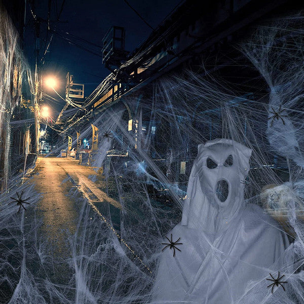 Halloween Spinnennetz Deko mit Kunstspinne | Dehnbar für Innen und Außen | Für Garten, Eingang, Terrasse und Halloween-Party