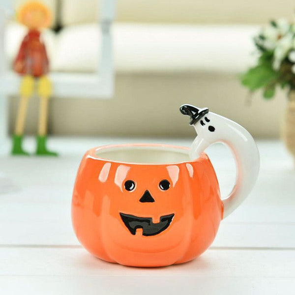 Kürbis Kaffeetasse für Halloween | Mit Geister-Griff aus Keramik | Ideal für Kaffee, Tee, Cidre und warmen Punsch