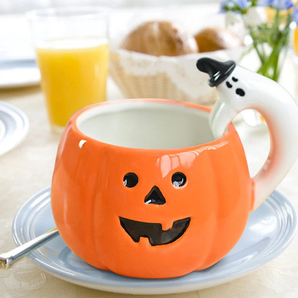 Kürbis Kaffeetasse für Halloween | Mit Geister-Griff aus Keramik | Ideal für Kaffee, Tee, Cidre und warmen Punsch 1