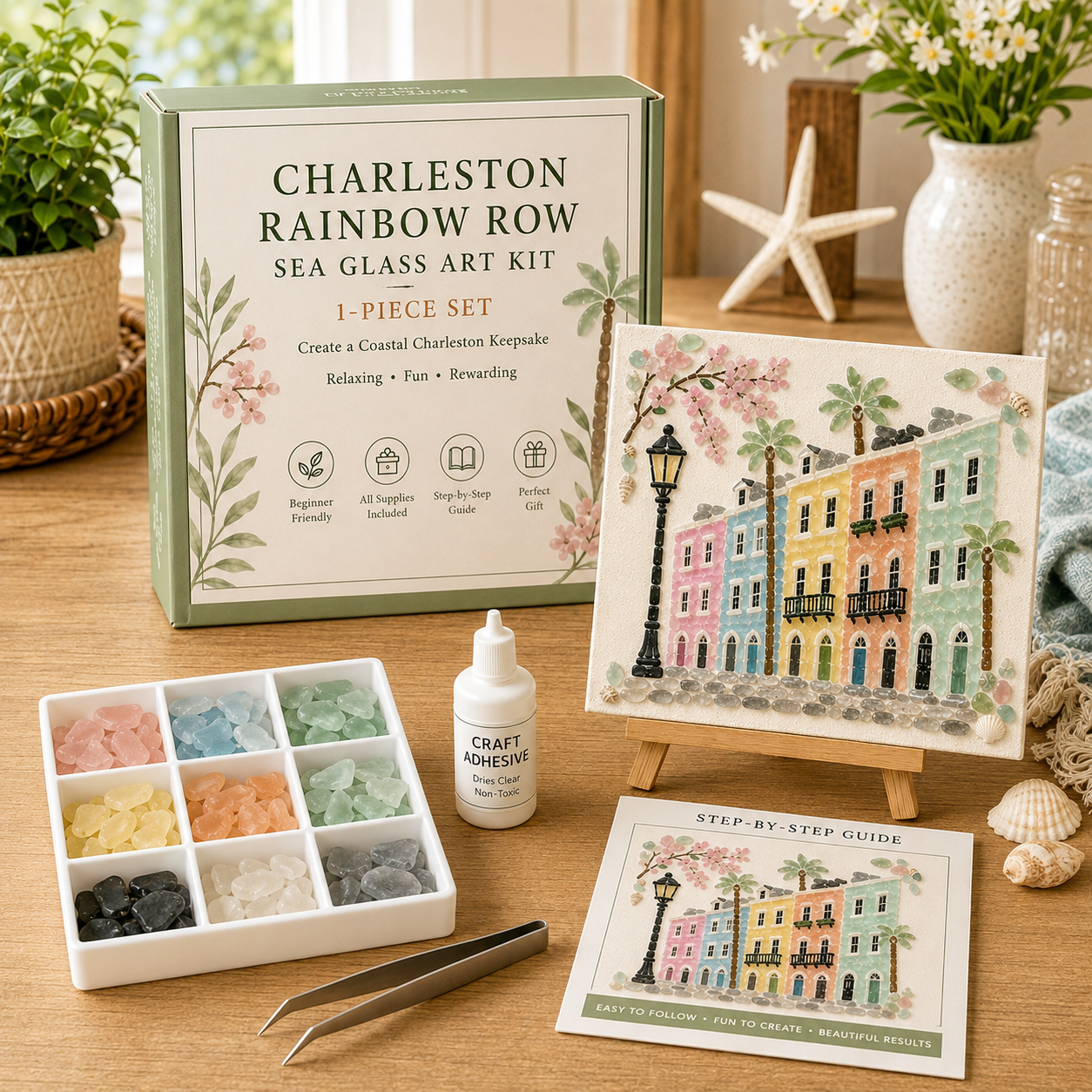 Sada na tvorbu z mořského skla | Motiv Charleston Rainbow Row | s rámečkem, lepidlem a nástroji | ShoreCraft