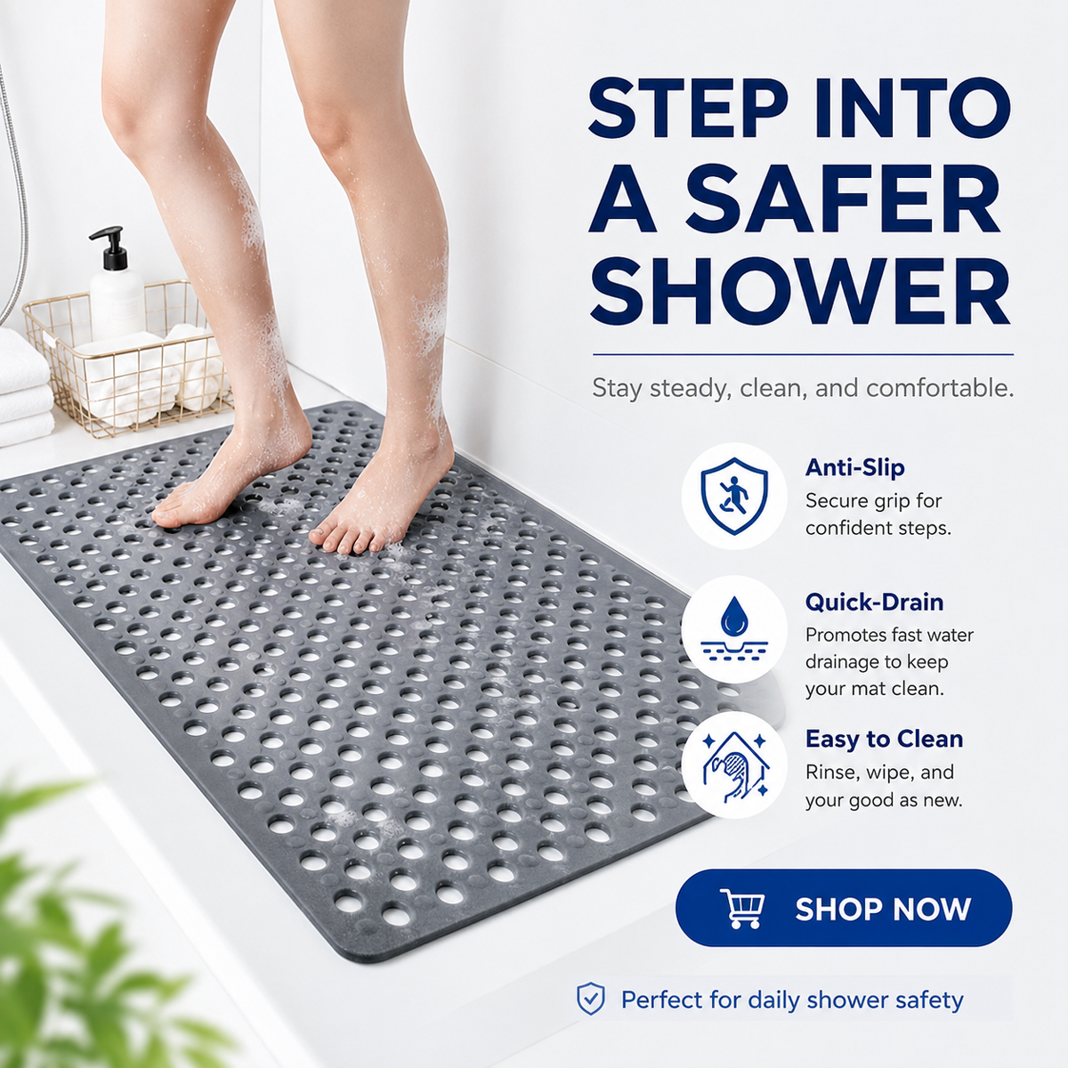 Tappetino di sicurezza per bagno | PVC antiscivolo con fori di drenaggio | Scarico rapido dell'acqua | AquaGrip