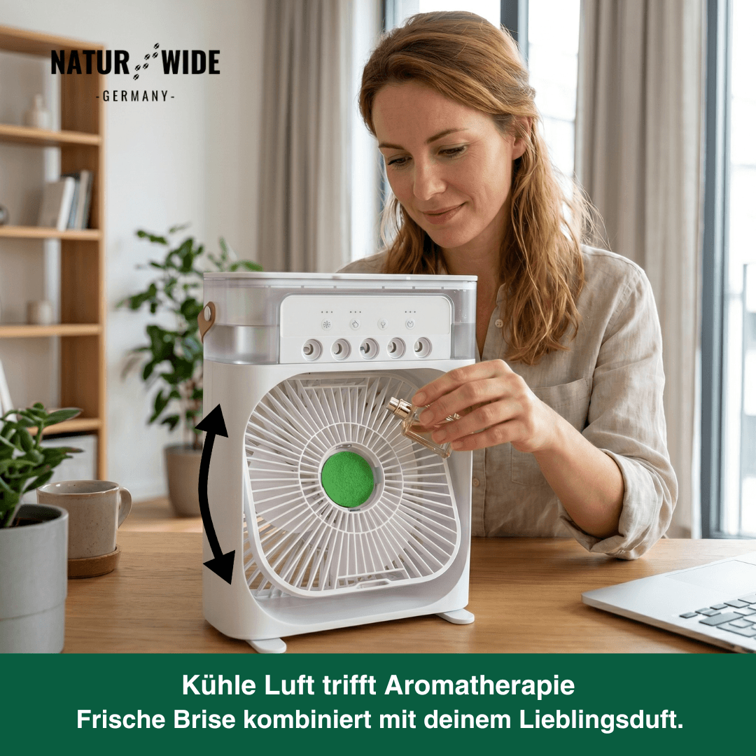 USB Luftkühler-Ventilator | 3-in-1 mit Luftbefeuchter & 7-Farben-LED | 3 Windstufen, 3 Sprühstufen, USB-Betrieb 6