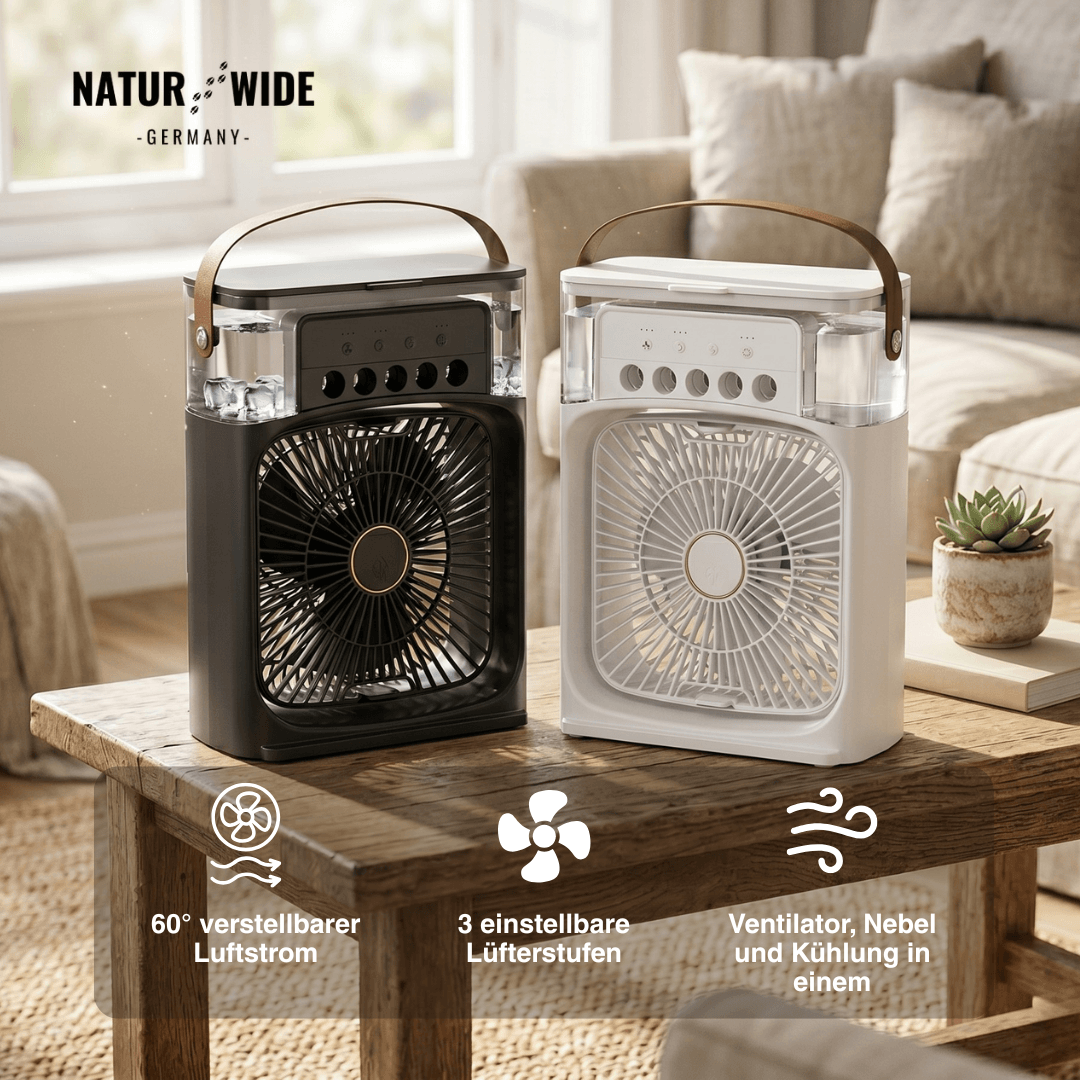 USB Luftkühler-Ventilator | 3-in-1 mit Luftbefeuchter & 7-Farben-LED | 3 Windstufen, 3 Sprühstufen, USB-Betrieb 10