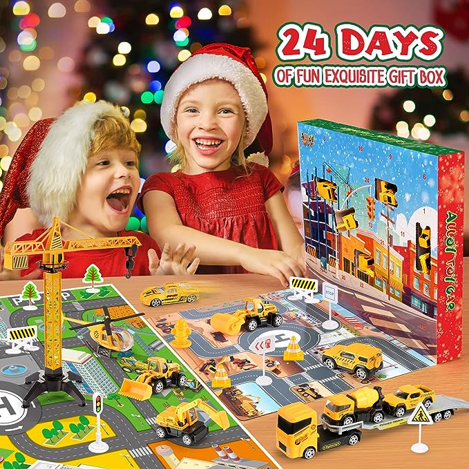 Adventskalender Spielzeugfahrzeuge | 24 Tage mit 9 Baufahrzeugen und 11 Straßenschildern | Alloy mit beweglichen Teilen 1